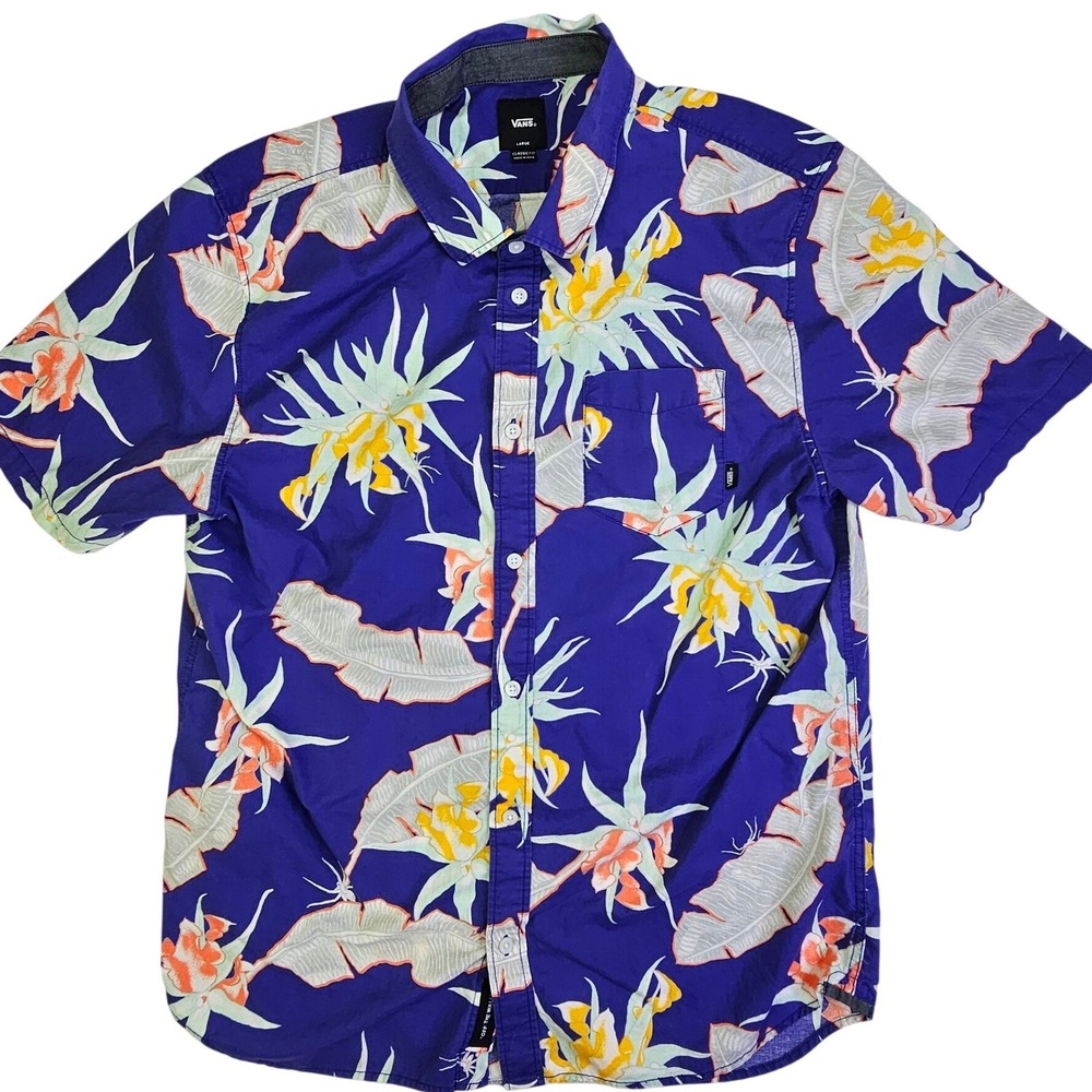 Vans Mens Classic Fit‎ Tropical Floral Button Up Shirt Purple Large Short Sleeve